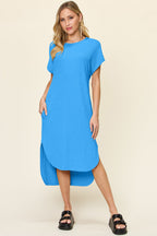 Double Take Full Size Round Neck Short Sleeve Slit Dress Stylish & Comfortable Casual Dress Stevvex