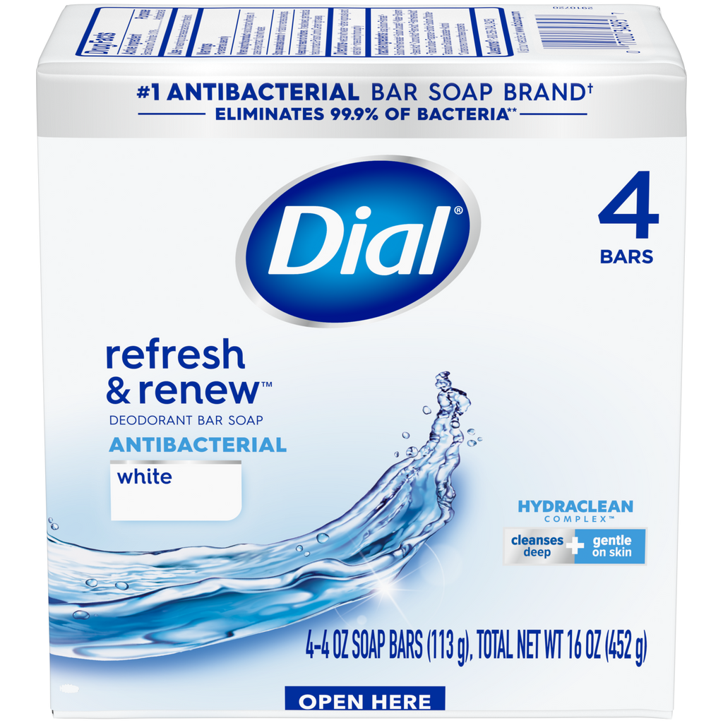Dial Antibacterial Bar Soap, Refresh & Renew, White, 4 oz, 4 Bars