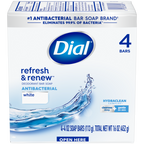 Dial Antibacterial Bar Soap, Refresh & Renew, White, 4 oz, 4 Bars