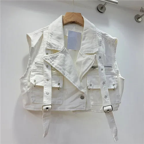 Retro Pink Large Pocket Denim Suit Spring Summer Sleeveless Short Vest High Waist Hip Wrapped Skirt 2 Pieces Sets Women Outfits Purplish Diva