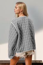 Charming Double Take Contrast Trim Tie Front Quilted Jacket with Pockets Elegant & Cozy Outerwear Stevvex