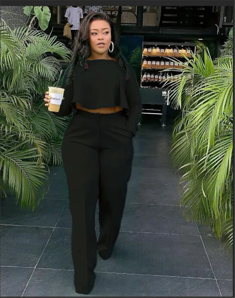 Elegant Work Wear Two Piece Set Fall Clothes for Women Ruffles Crop Top and Wide Leg Pants Suits Matching Sets Sexy Club Outfits Purplish Diva