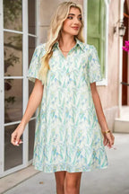 Green Floral Half Button Short Sleeve Mini Dress