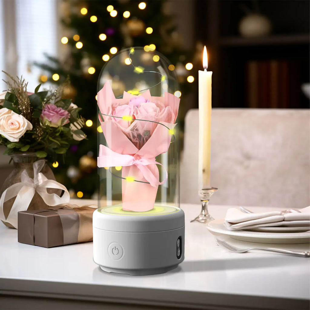 Creative 2 In 1 Bouquet LED Light And Bluetooth-compatible Speaker Mother's Day Gift Rose Luminous Night Light Ornament In Glass Cover Pi-Mart