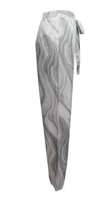 Ladies' Contrasting Printed Waist Strap Details, Loose Pleated Casual Style Wide Leg Pants - SJB-DIAMOND ELITES