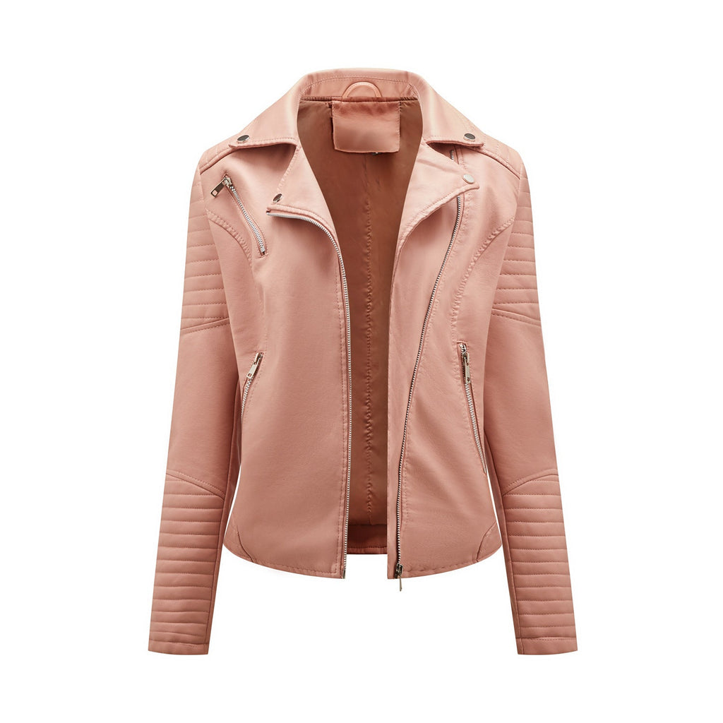 Short Leather Jacket Women's Lapel Motorcycle Oblique Zipper Jacket Pi-Mart