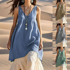 Fashion Sleeveless Cotton Linen Solid Color And V-neck Beach Dress Lootquake LLC