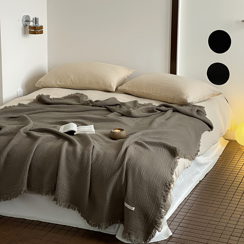 1pc Cotton Crinkle Tassel Blanket Solid Color Nap Blanket Leisure Travel Sofa Bed Blanket