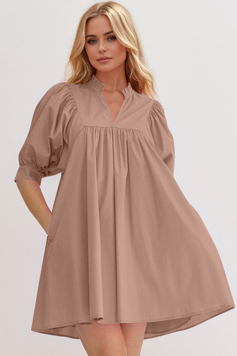 Pink Puff Sleeve Mini Dress Casual and Feminine Dress for Women Simple Classic Summer Dress Stevvex