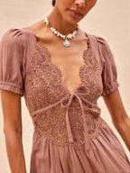 V-neck Lace Short Sleeved Pure Cotton Dress
