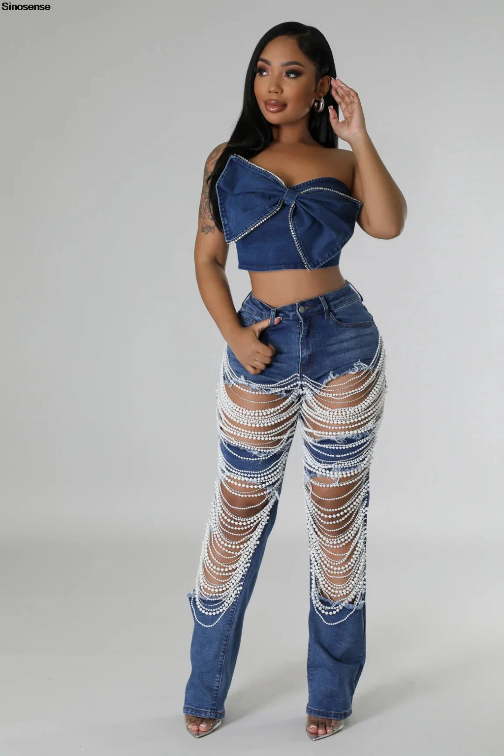 Women's Destroyed Ripped Hole Denim Pants Pearl Rhinestones Chain Distressed Slim Fit Skinny Jeans Y2K Night Club Party Jeans Purplish Diva