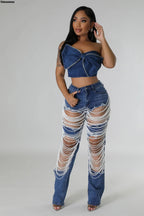 Women's Destroyed Ripped Hole Denim Pants Pearl Rhinestones Chain Distressed Slim Fit Skinny Jeans Y2K Night Club Party Jeans Purplish Diva