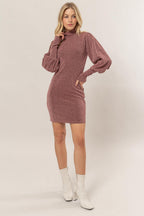 Glitter Mock Neck Long Sleeve Mini Dress – Sparkling Mock Neck Dress, Elegant, Flattering, Glitter Knit Dress, Elegant Mini Dress, Long Sleeve Party Dress, Statement Evening Dress