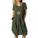 Women's Dress With Pockets Cotton Linen Solid Color Loose Round Neck Short Sleeve Dress Summer Pi-Mart