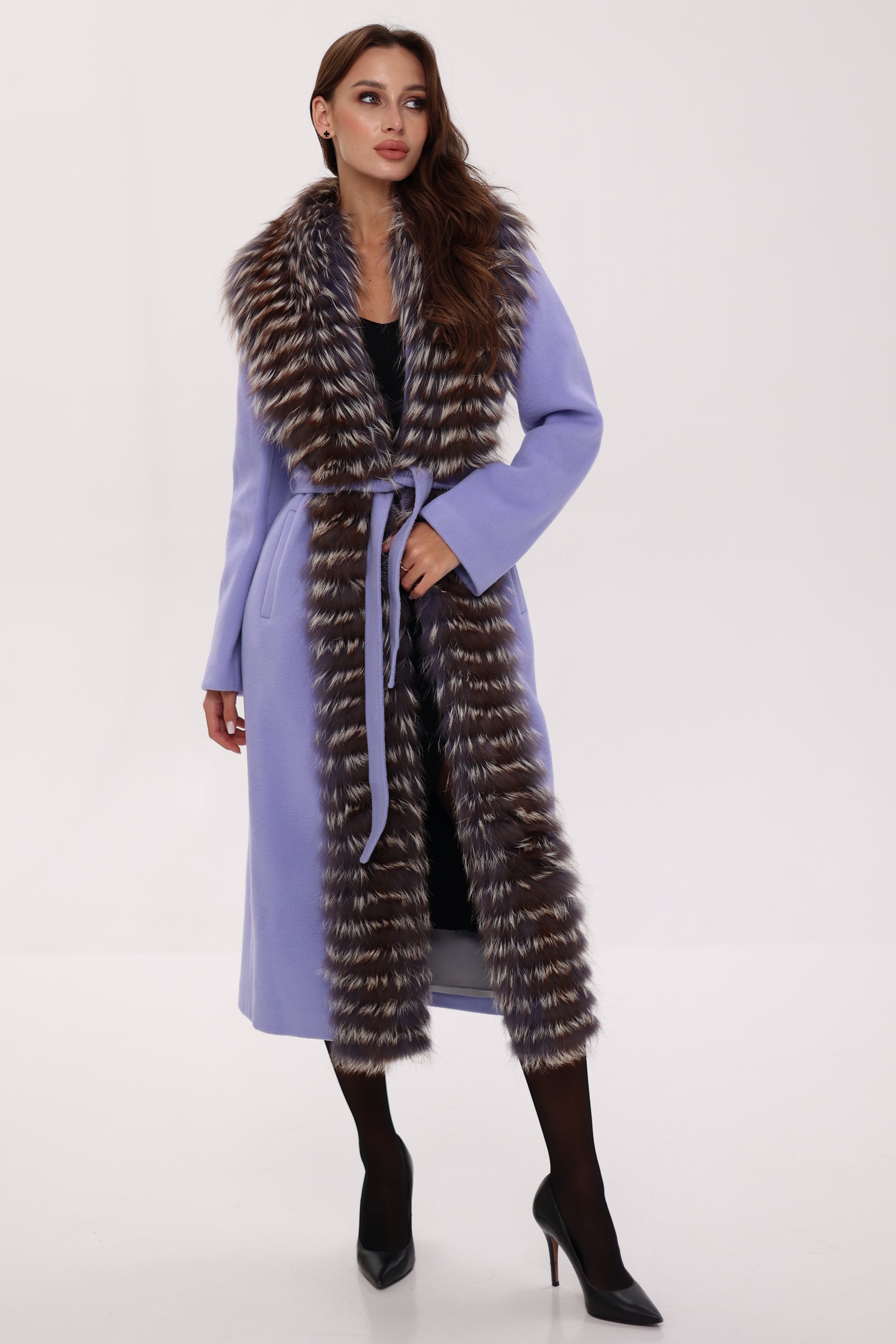 Genuine Silver Fox Virgin Wool Wrap Coat in Lavender - SJB-DIAMOND ELITES