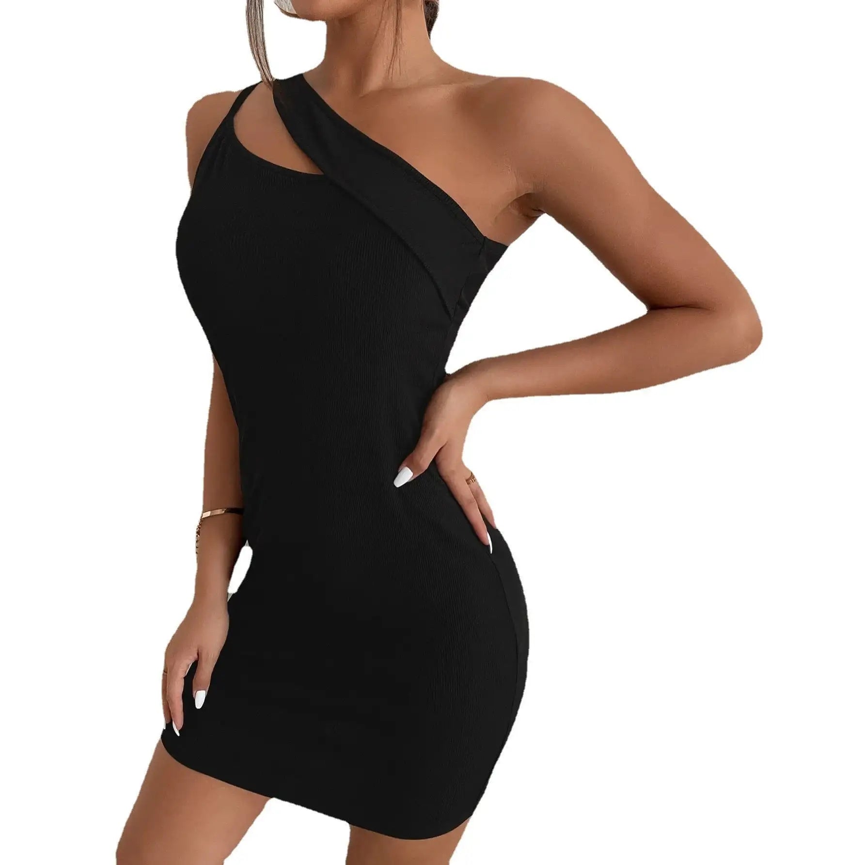 Black Hollow Split Slanted Shoulder Dress - SJB-DIAMOND ELITES