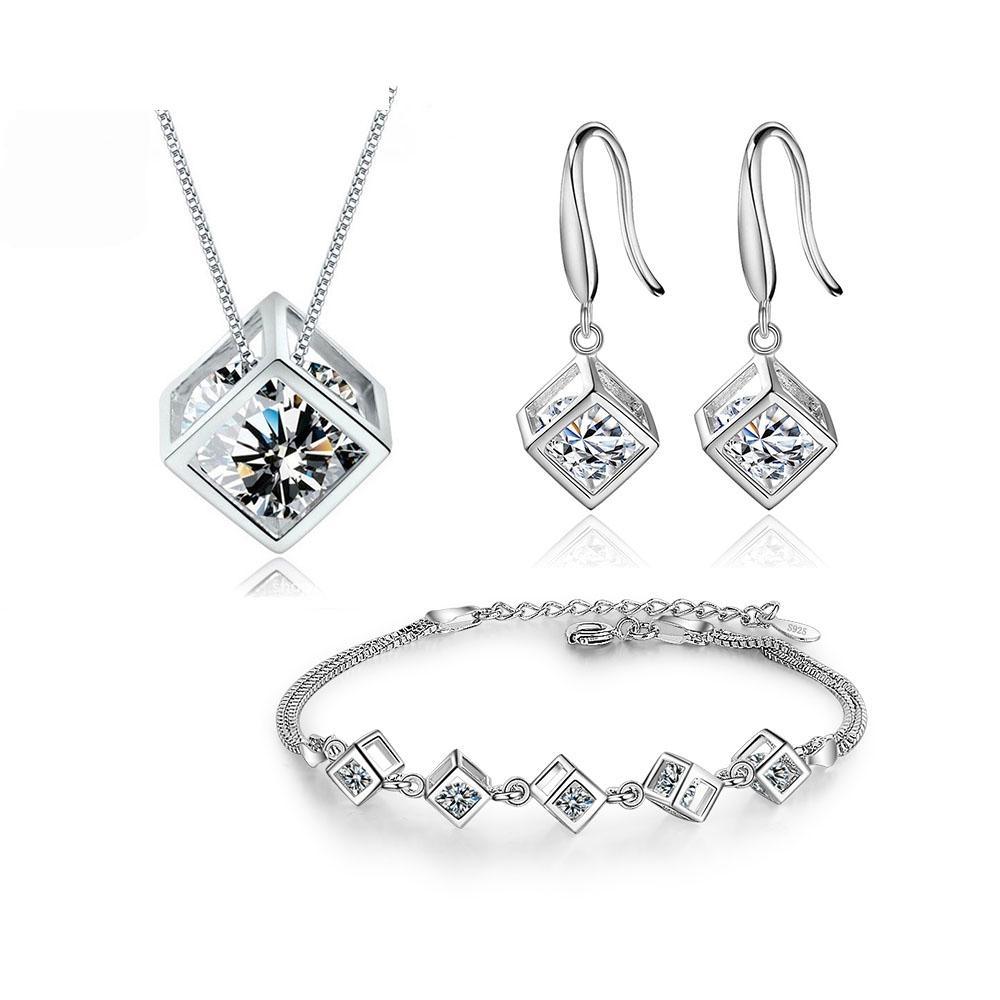 New Style Stamp Silver Color Jewelry Luxury Sets Zircon Elegant Square Cube Necklace Earrings Bracelet For Women - SJB-DIAMOND ELITES