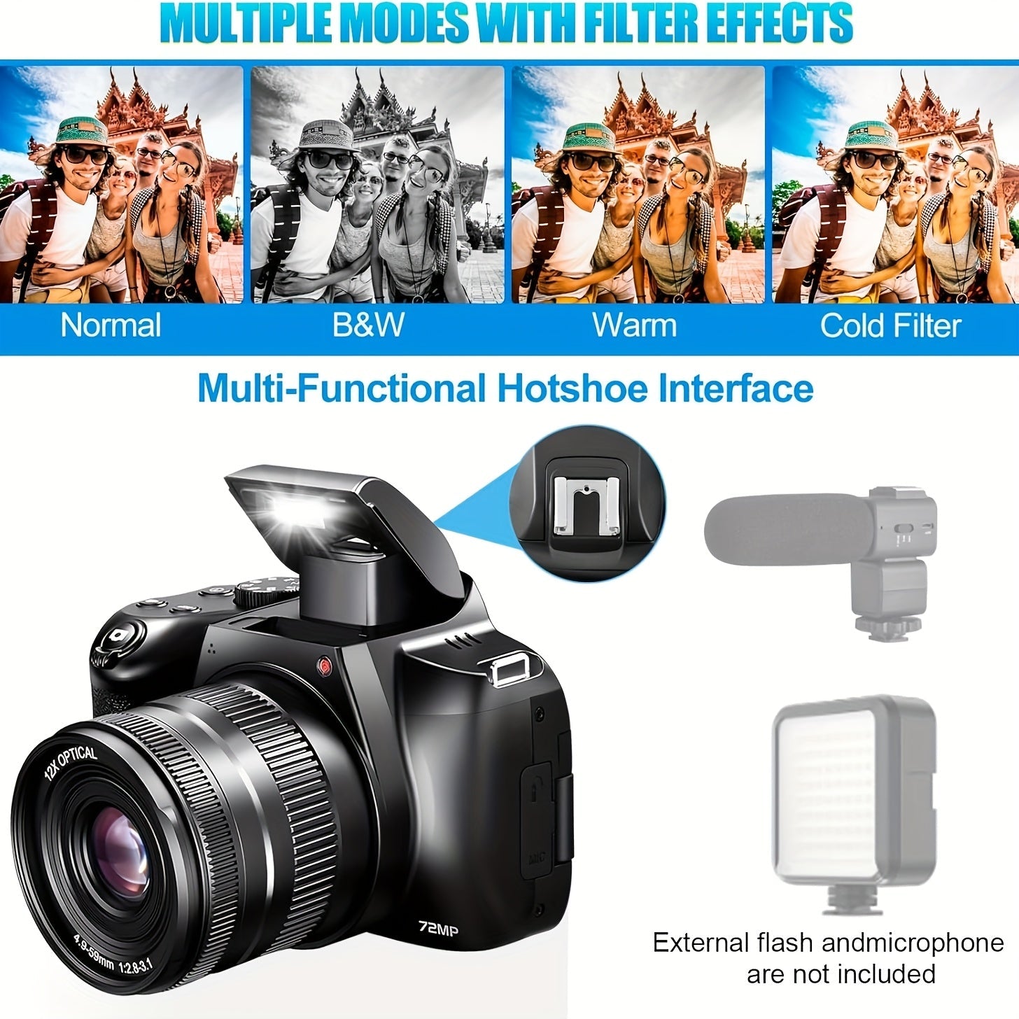 4K Photography Digital Camera - 12x Optical Zoom 72MP YouTube Vlogging Camera With 3" 180° Flip Screen, Auto Focus Compact Camera Lootquake LLC