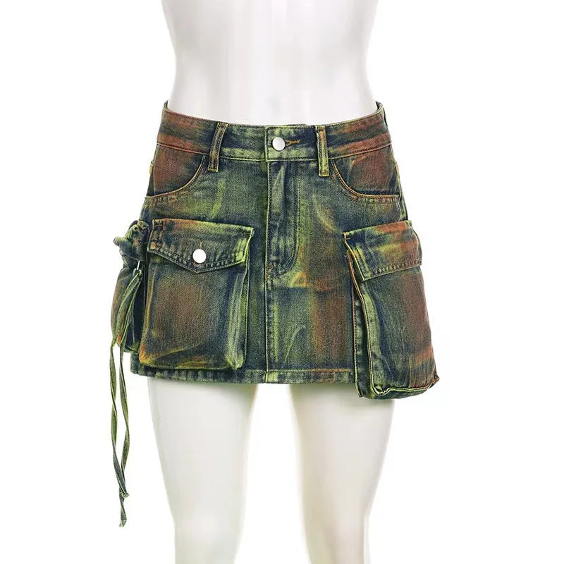 Make-old Three-dimensional Multi-pocket High Waist Denim Skirt. New Asymmetrical Casual A-line Mini Skirt for Women in Summer Purplish Diva