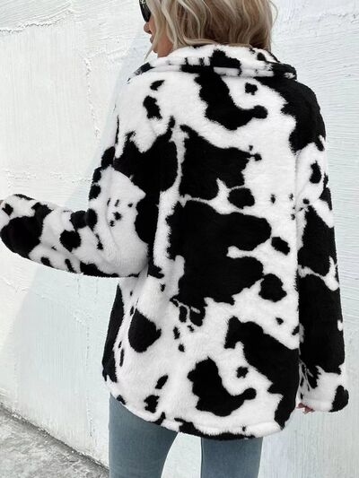 Trendy Black White Cozy Cow Print Collared Neck Button Up Fuzzy Jacket Modern & Warm Outerwear Stevvex
