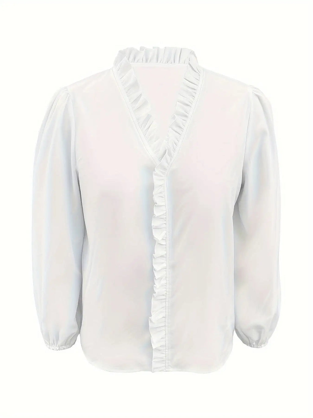 Pure Color Ruffle Hemline Shirt, Casual V-neck Long Sleeve Shirt. - SJB-DIAMOND ELITES
