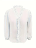 Pure Color Ruffle Hemline Shirt, Casual V-neck Long Sleeve Shirt. - SJB-DIAMOND ELITES