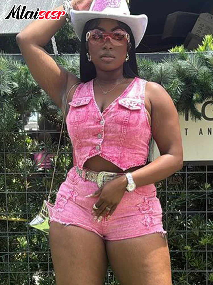 Mlaiscsr Pink Stretch Denim Sexy 2 Piece Club Outfit Women Sets V-Neck Vest Crop Tops and Embroidered Shorts Suit Y2k Streetwear Purplish Diva