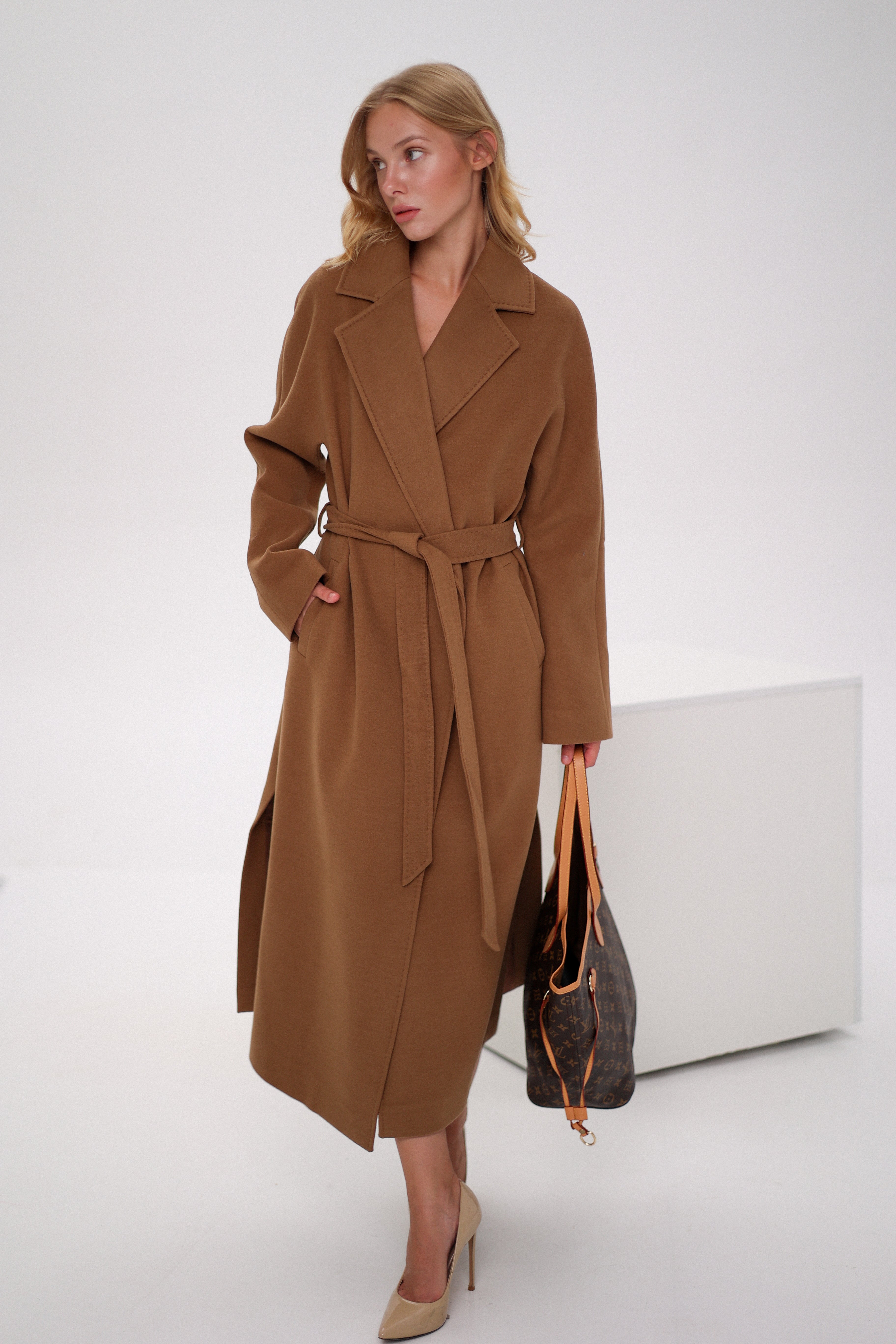 Cambridge Comfort Wraparound Wool Cashmere Coat in Dark Camel - SJB-DIAMOND ELITES