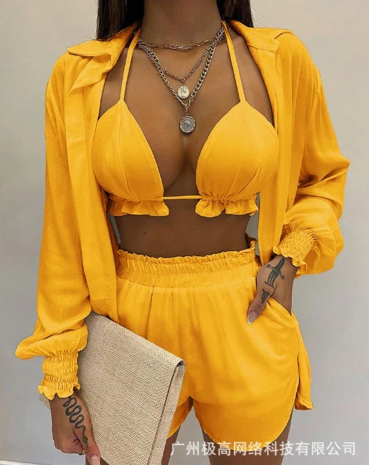 Lantern sleeve shirt and pocket design shorts set, solid color with ruffled edges and exposed navel top, new for 2025 Purplish Diva