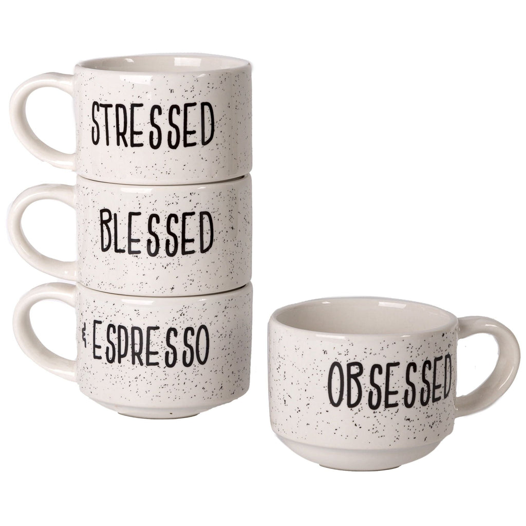 White and Black Speckled Sentiment Espresso Stoneware Mugs with Rack, 4 8 oz EasyOptionXY LLC
