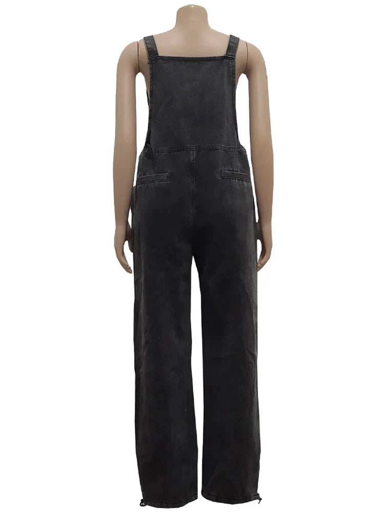 Wmstar Women's Jumpsuit Denim Cargo Pockets One Piece Outfits Wide Leg Black Fashion Streetwear Romper Wholesale Dropshipping Purplish Diva