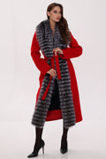 Genuine Silver Fox Virgin Wool Wrap Coat in Red - SJB-DIAMOND ELITES
