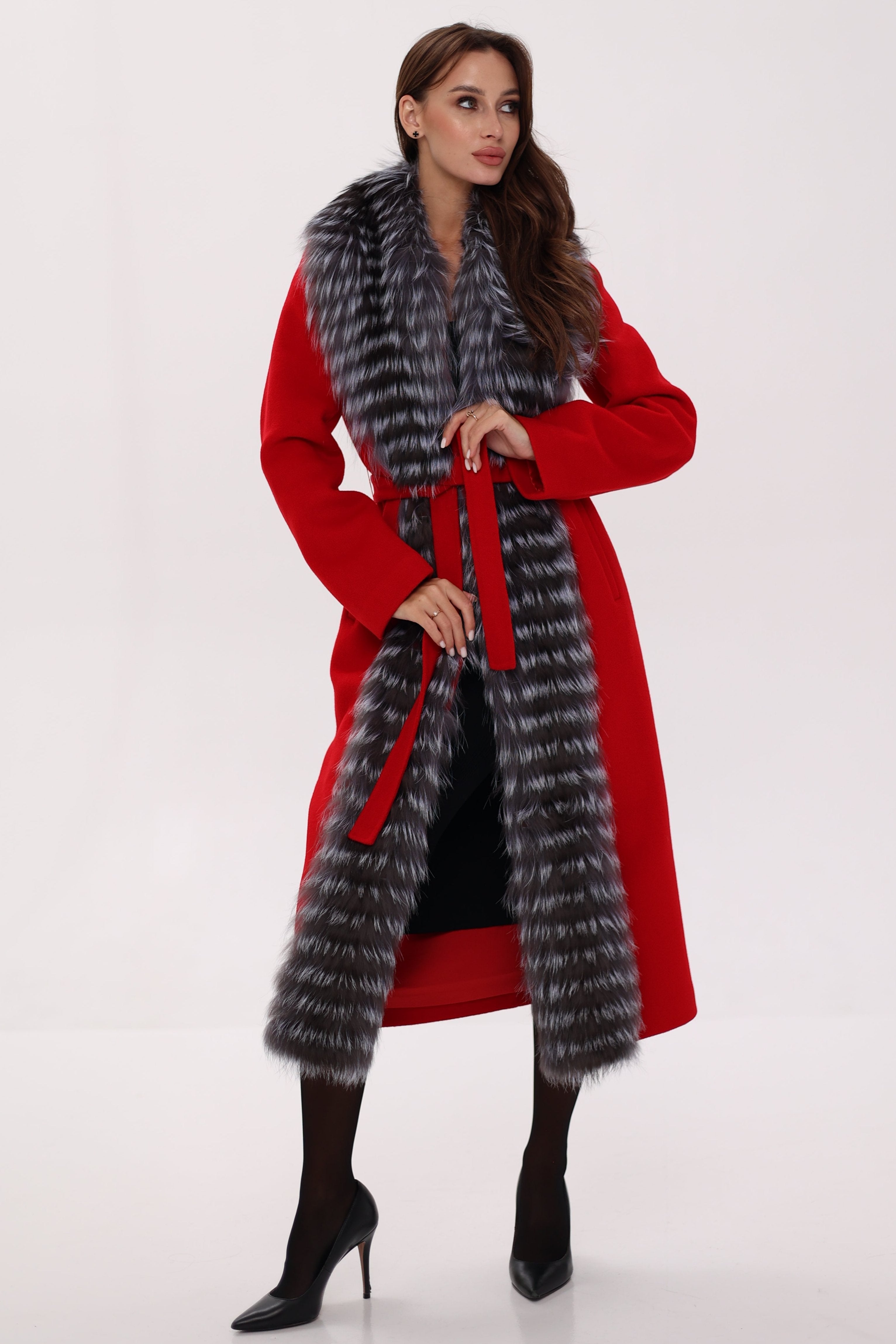 Genuine Silver Fox Virgin Wool Wrap Coat in Red - SJB-DIAMOND ELITES