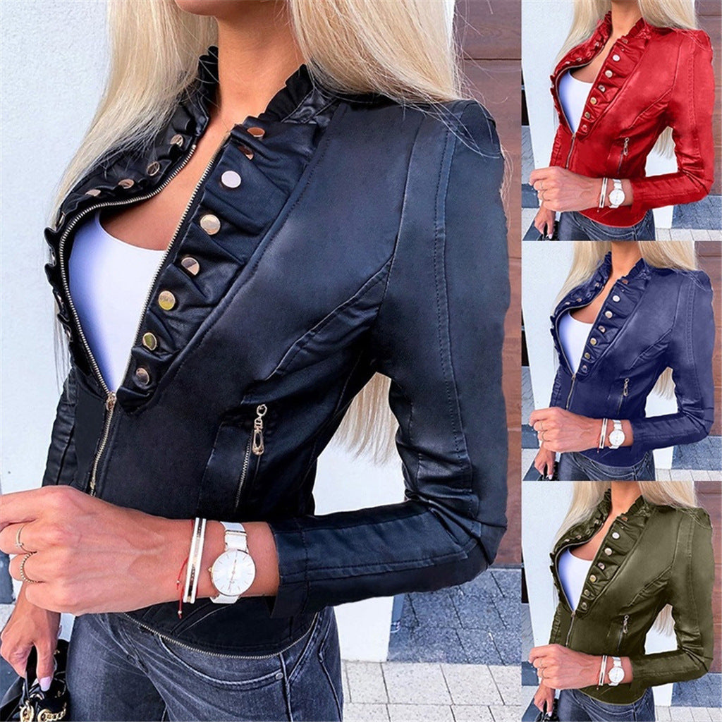 PU motorcycle clothing slim slim winter leather jacket Pi-Mart