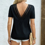 Women's Solid Color Deep V-neck Backless Lace Patchwork Loose T-shirt - SJB-DIAMOND ELITES