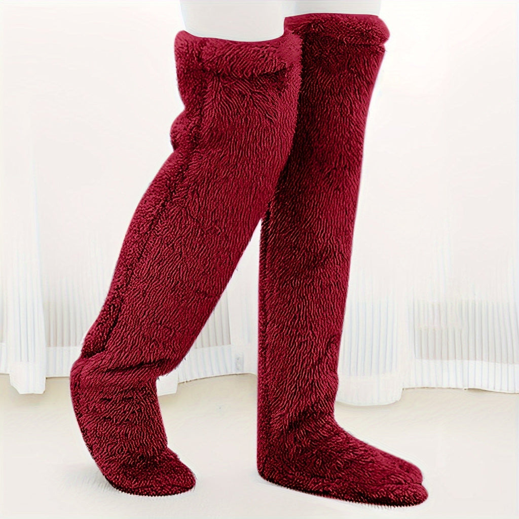 Fuzzy Thigh High Stockings, Warm Over-the-Knee Socks for Women, Solid Color Lootquake LLC