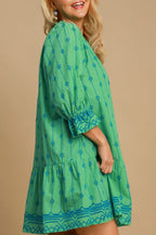 Full Size Tassel Embroidered Sleeve Mini Dress Plus Size Feminine & Stylish Green Dress