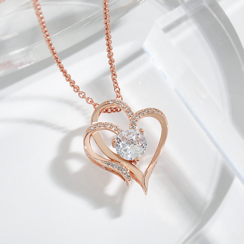 Zircon Double Love Necklace With Rhinestones Ins Personalized Heart-shaped Necklace Clavicle Chain Jewelry For Women Valentine's Day Pi-Mart