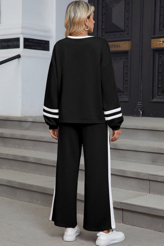 Varsity Stripe Pullover and Drawstring Pant Set THRIXINE