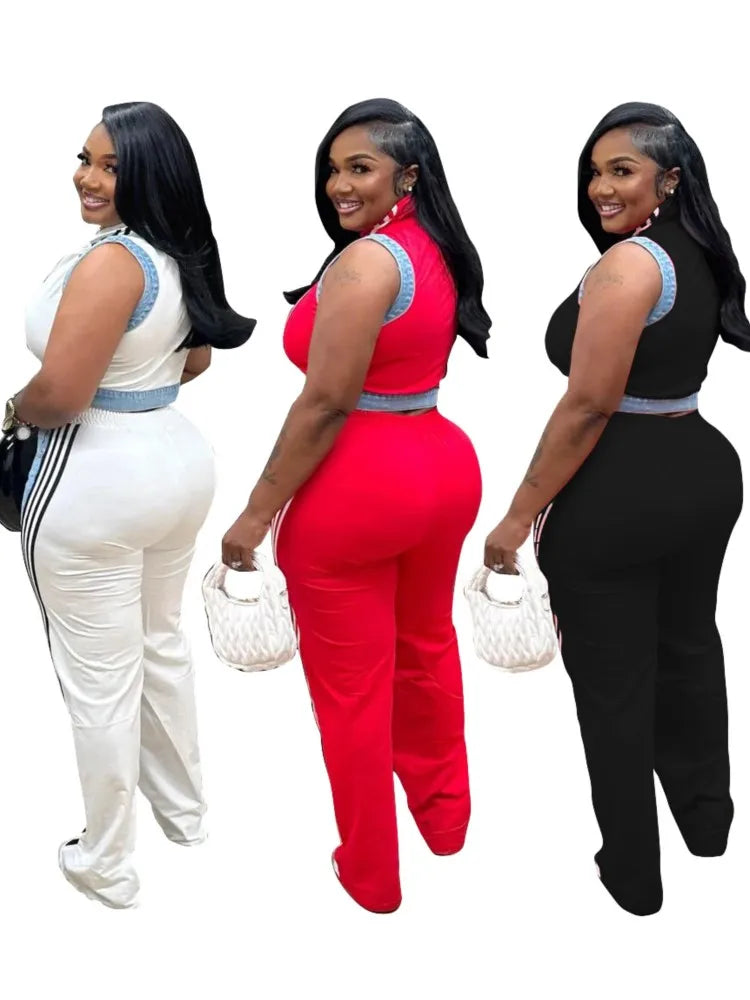 2 Pieces Women's Sets 2025 Spring Summer Denim Sleeveless Suit Tops And Wide Leg Pants Suits Two Piece Set Tracksuit Outfit Purplish Diva