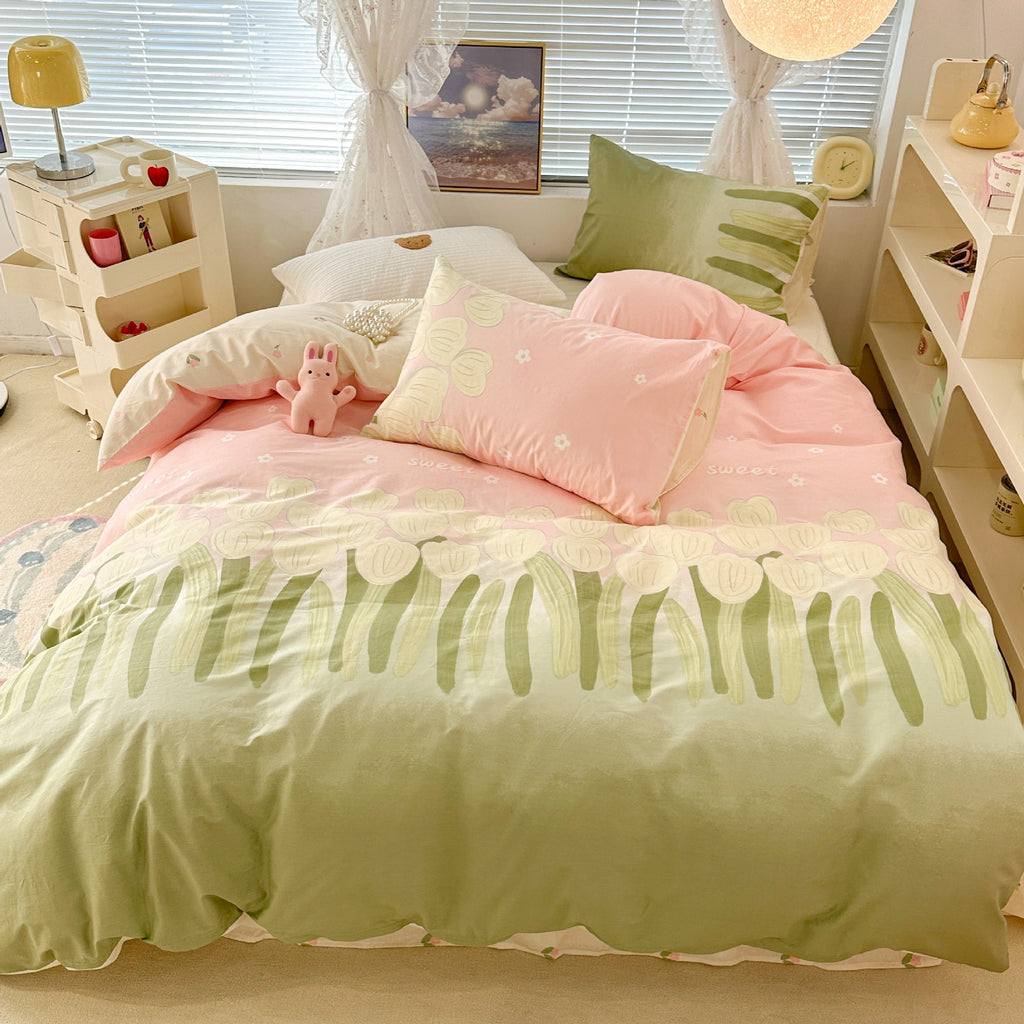 Cute Floral Rabbit Cotton Four-piece Set Pastoral Cotton Quilt Cover Bed Sheet Three-piece Set Pi-Mart