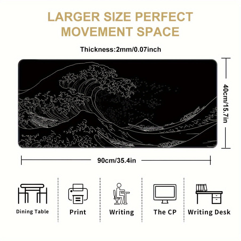 1pc Black And White Japanese Waves Sea Mouse Pad Abstract Large Gaming Mouse Pad 35.4x15.7 Inch Non-Slip Rubber Base Mousepad Stitched Edges Keyboard Desk Pad For Office Home E-sport