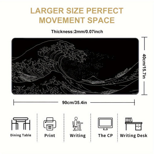 1pc Black And White Japanese Waves Sea Mouse Pad Abstract Large Gaming Mouse Pad 35.4x15.7 Inch Non-Slip Rubber Base Mousepad Stitched Edges Keyboard Desk Pad For Office Home E-sport