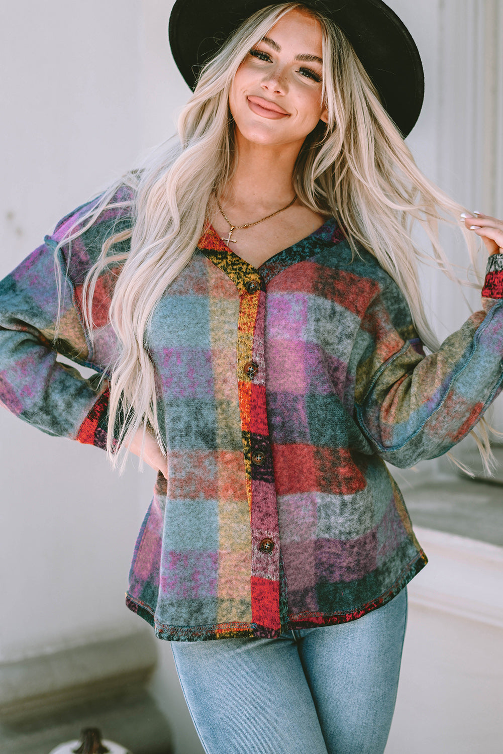 Multicolor Brushed Checked Western Buttoned Jacket Lootquake LLC