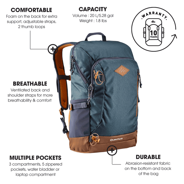 Decathlon Quechua NH500, 20 L Hiking Backpack, Rain Cover, Unisex, Blue, 10 Year Warranty EasyOptionXY LLC