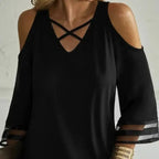 Ladies' Solid Color Collar Cross Design Off Shoulder Fashionable Casual Mid Long Sleeved T-shirt Top - SJB-DIAMOND ELITES