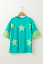 Aruba Blue Frayed Star Patched 4th of July Oversize T Shirt