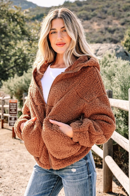 Solid Sherpa Fleece Zip Up Hooded Jacket THRIXINE