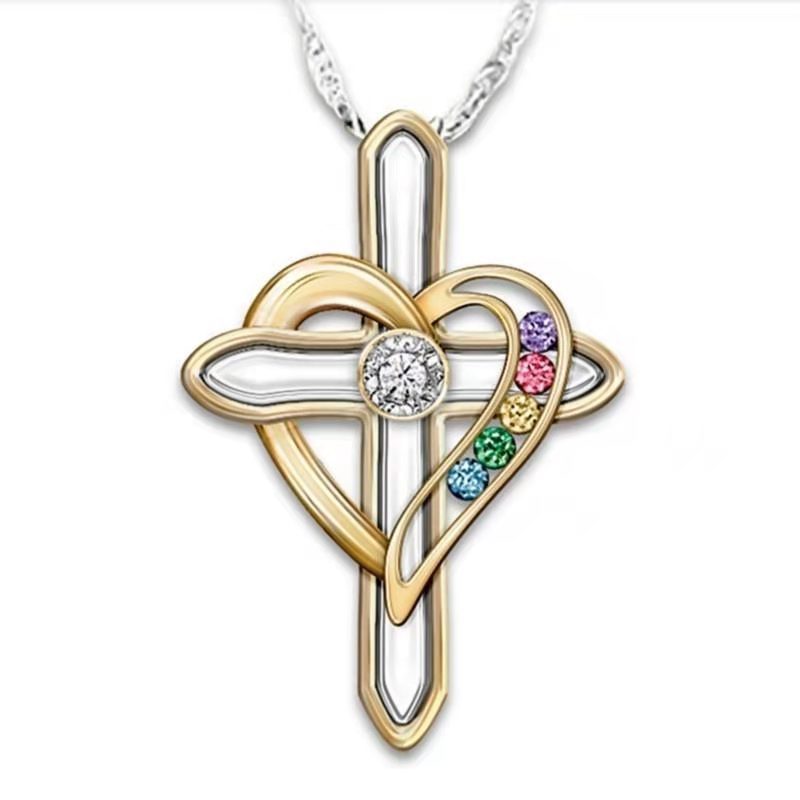 Cross Love Colorful Imitatio Gemstone Pendant Alloy Clavicle Chain Pi-Mart