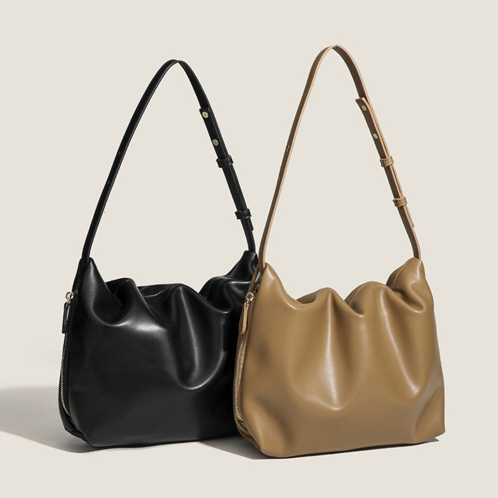 Simple soft leather pleated armpit bag, women's design side zipper solid color shoulder bag, hobo bag for women - SJB-DIAMOND ELITES